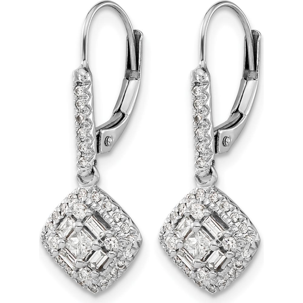 14K White Gold Diamond Drop Earrings with Square, Baguette, and Round Diamonds - 0.1067 Carat Total Diamond Weight by Monteluci Fine Jewelry