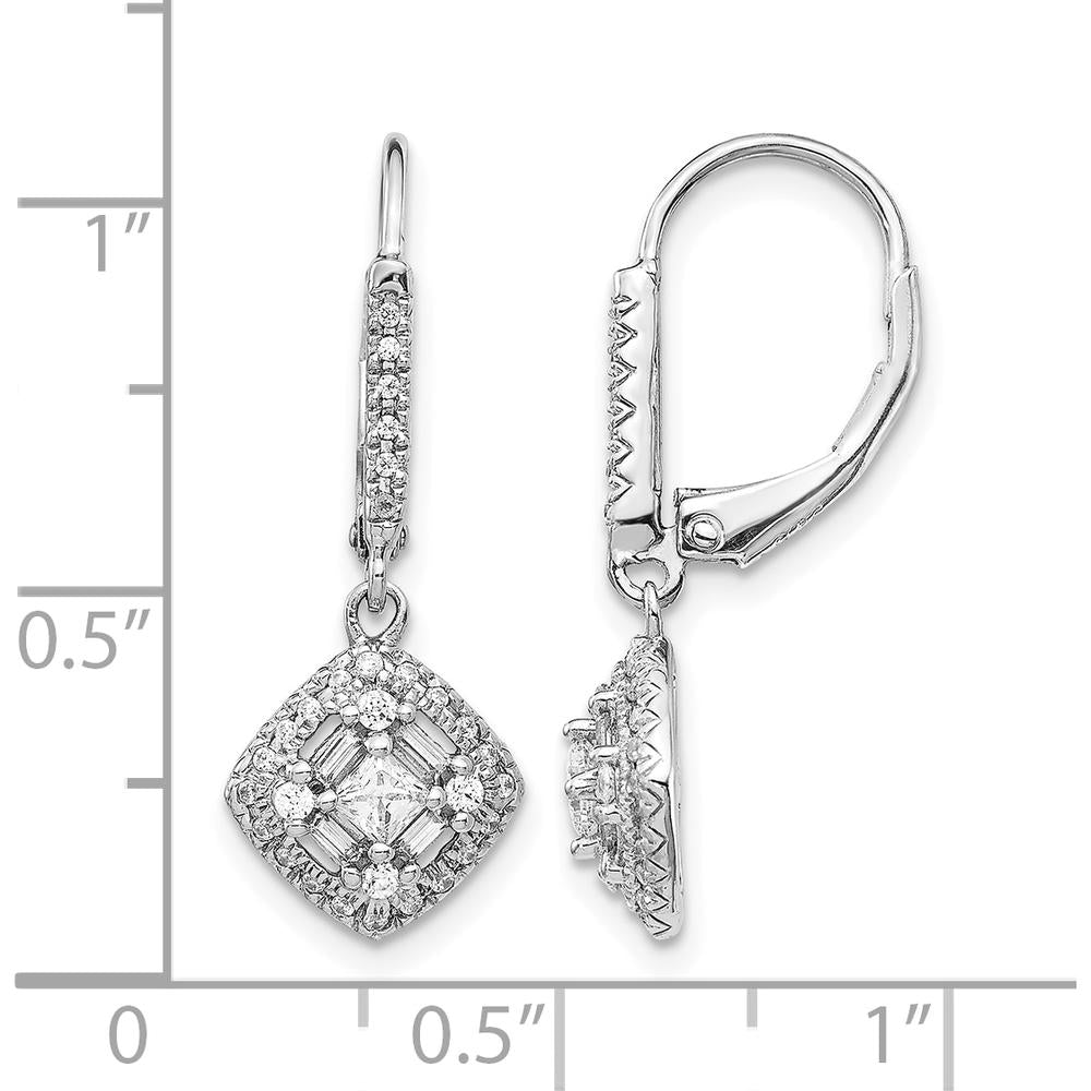 14K White Gold Diamond Drop Earrings with Square, Baguette, and Round Diamonds - 0.1067 Carat Total Diamond Weight by Monteluci Fine Jewelry