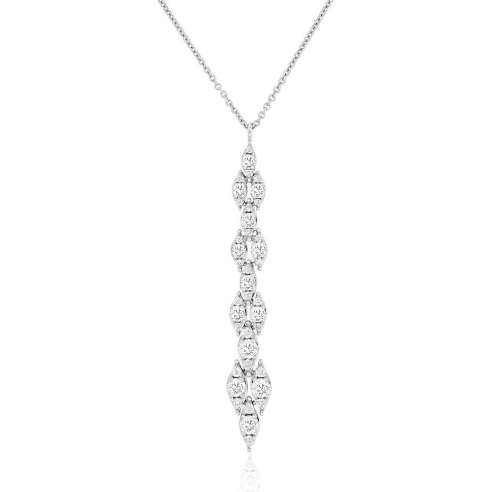 14K White Gold Diamond Drop Necklace with Linear Set Round Brilliant Cut Diamonds - 0.55 Carat Total Diamond Weight - Royal Jewelry
