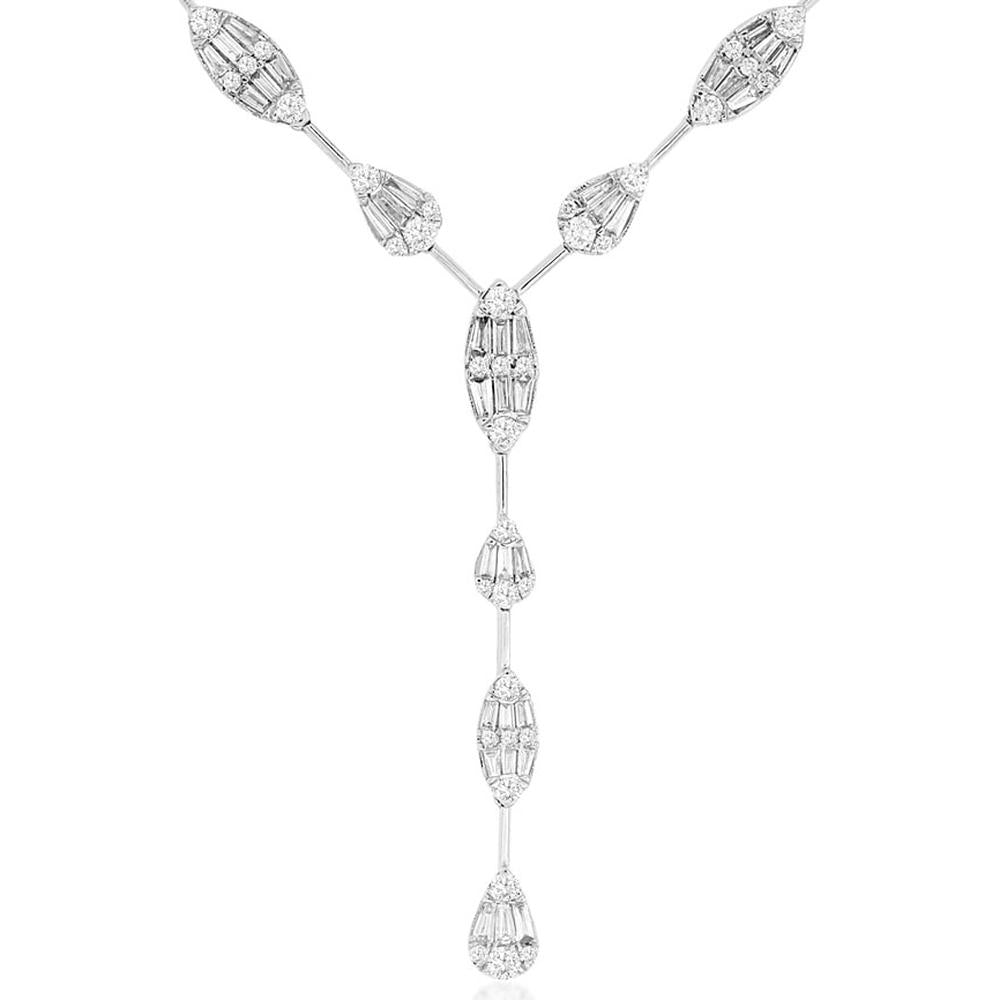 14K White Gold Diamond Drop Necklace with Round and Baguette Diamonds - 2.50 Carats Total Diamond Weight