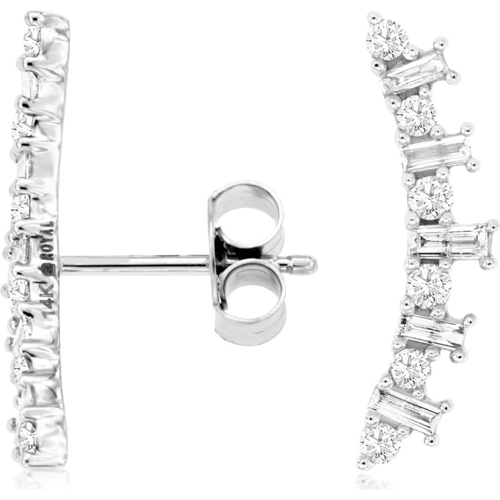 14K White Gold Diamond Earrings with Round and Baguette Diamonds - 0.53 Carats Total Diamond Weight