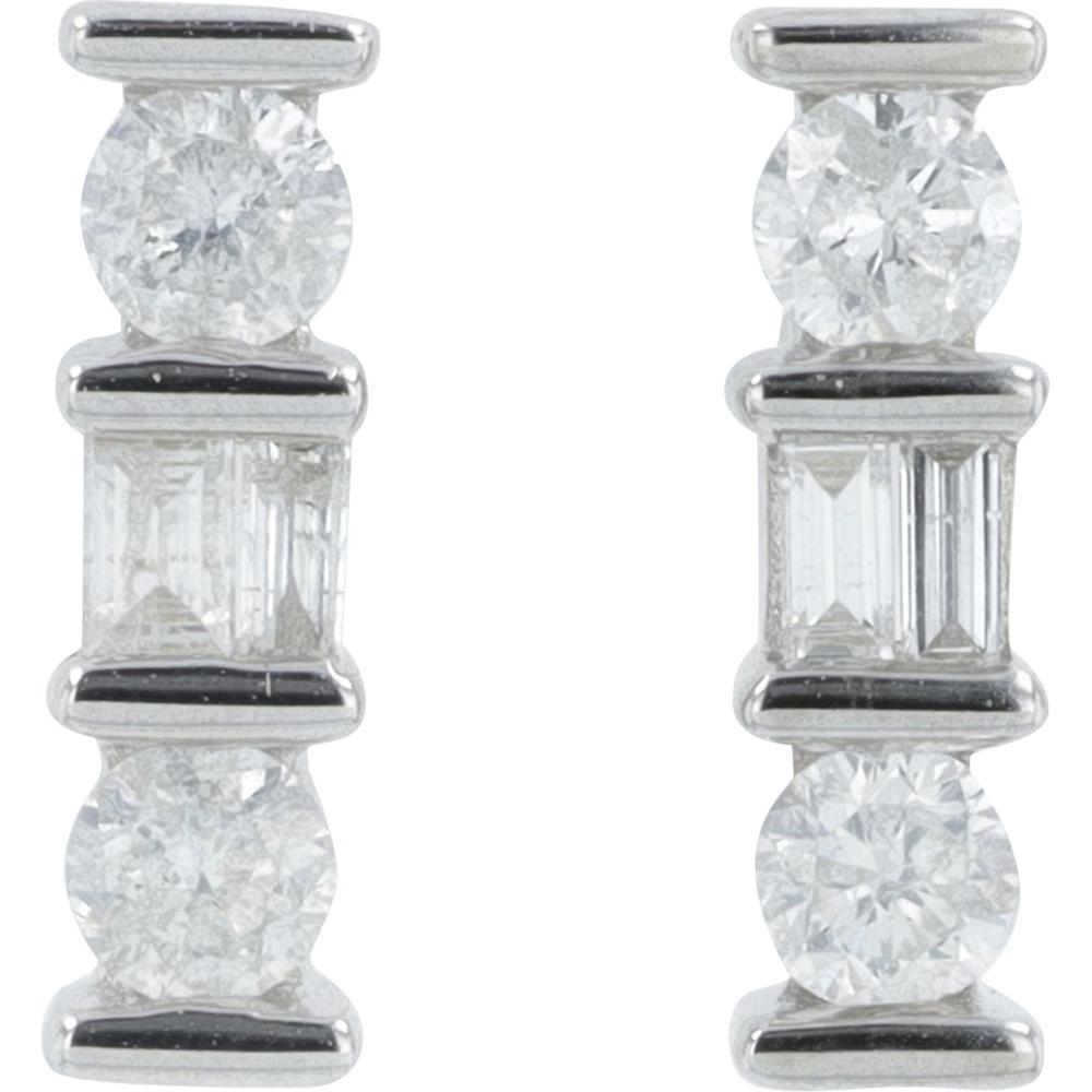 14K White Gold Diamond Earrings with Round and Emerald-Cut Diamonds - 0.40 Carat Total Diamond Weight
