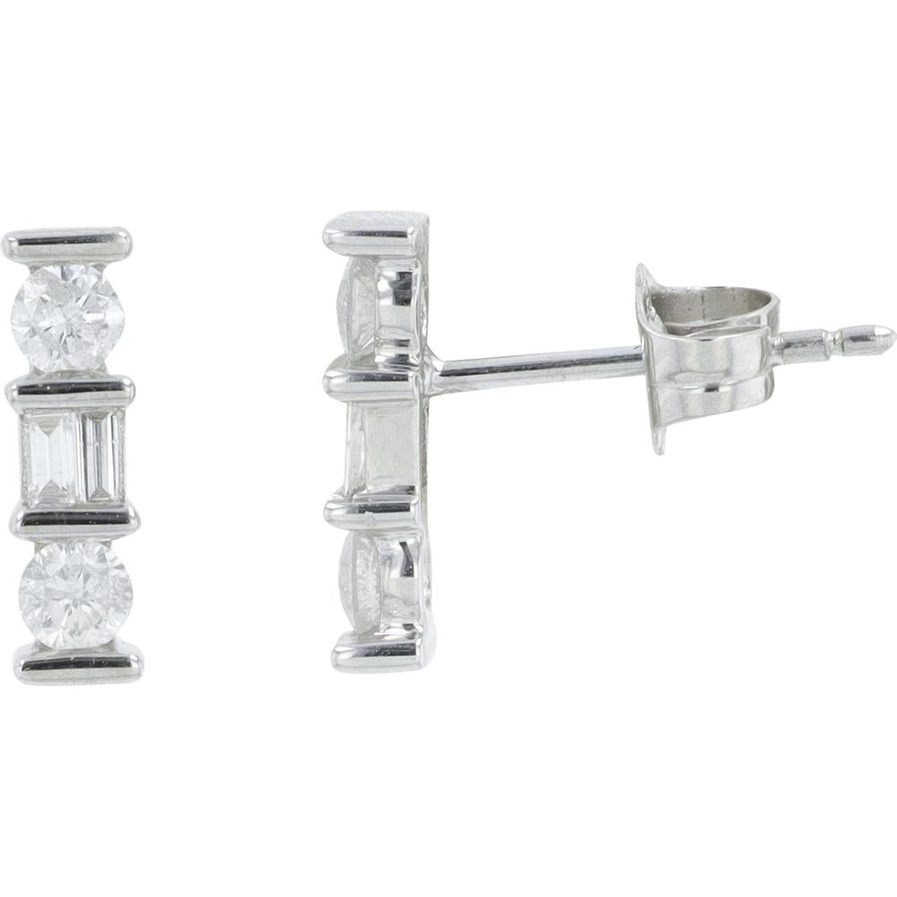 14K White Gold Diamond Earrings with Round and Emerald-Cut Diamonds - 0.40 Carat Total Diamond Weight