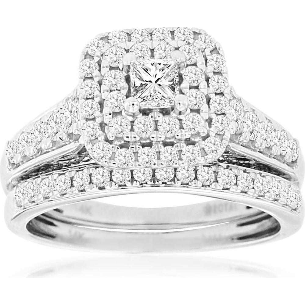 14K White Gold Diamond Engagement & Wedding Set with Princess Cut Center Stone and Halo Design - 1.00 Carats Total Diamond Weight