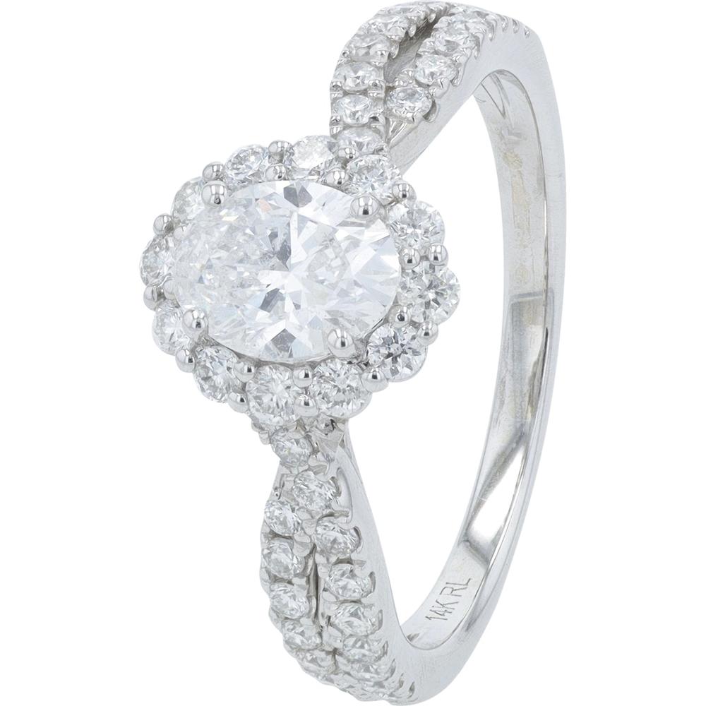 14K White Gold Diamond Engagement Ring with 0.75 Carat Oval Center and Round Diamond Halo - 1.35 Carat Total Diamond Weight