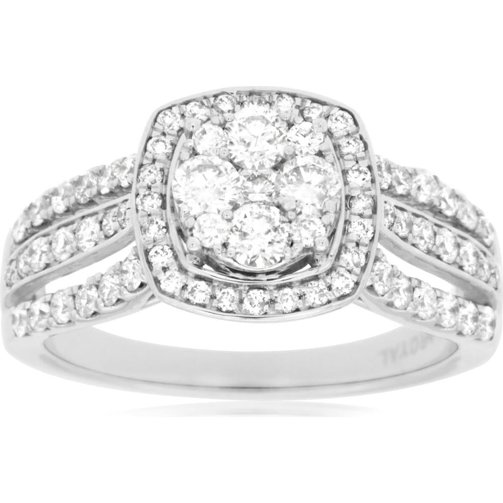 14K White Gold Diamond Engagement Ring with Halo Setting - 1.00 Carats Total Diamond Weight