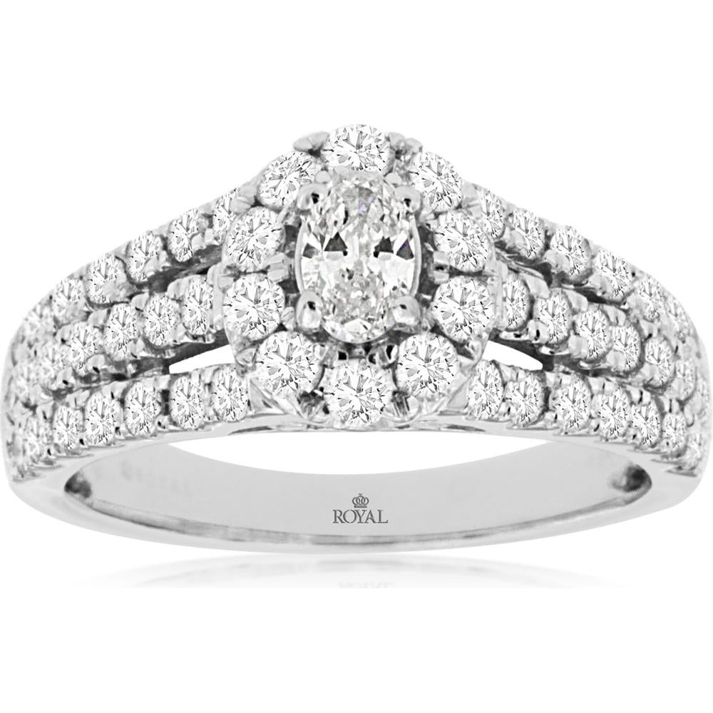 14K White Gold Diamond Engagement Ring with Halo Setting and Milgrain Detail - 1.36 Carats Total Diamond Weight