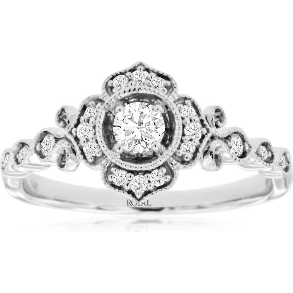 14K White Gold Diamond Engagement Ring with Milgrain Halo and Round Brilliant Center - 0.30 Carats Diamond Weight