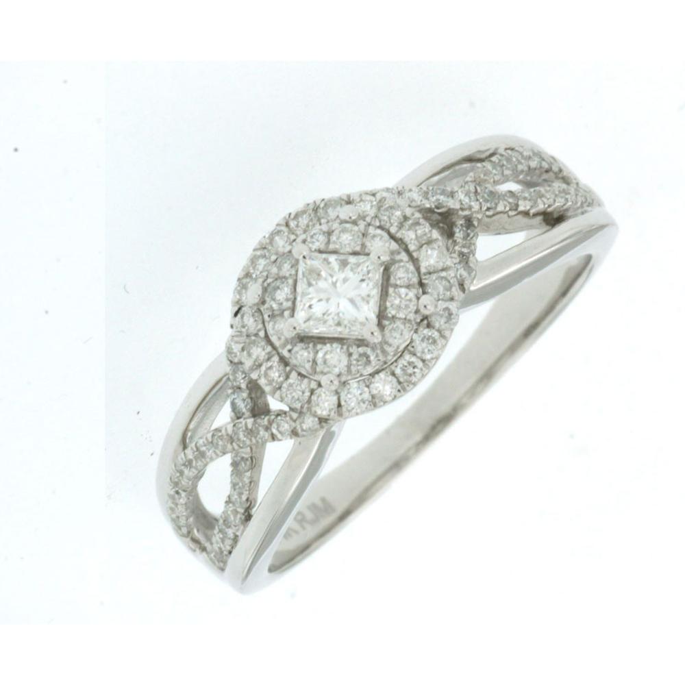 14K White Gold Diamond Engagement Ring with Princess-Cut Center Diamond and Halo - 0.57 Carats Total Diamond Weight