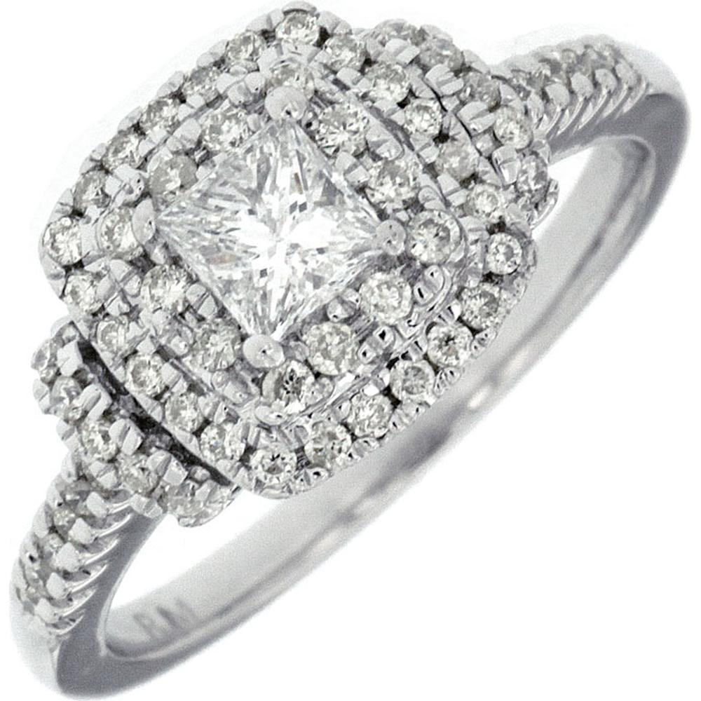 14K White Gold Diamond Engagement Ring with Princess Cut Center Diamond and Halo Setting - 0.70 Carats Total Diamond Weight