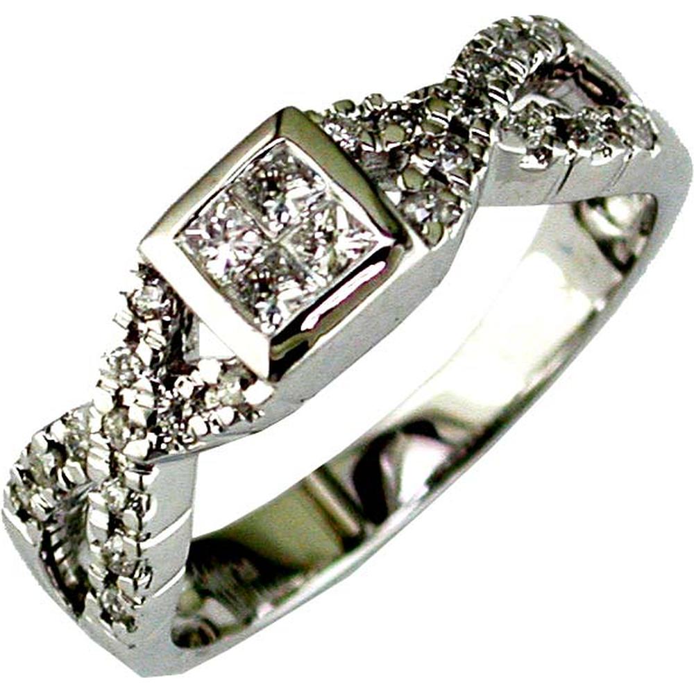 14K White Gold Diamond Engagement Ring with Princess Cut Invisible Set Center and Round Accent Diamonds - 0.40 Carats Total Diamond Weight