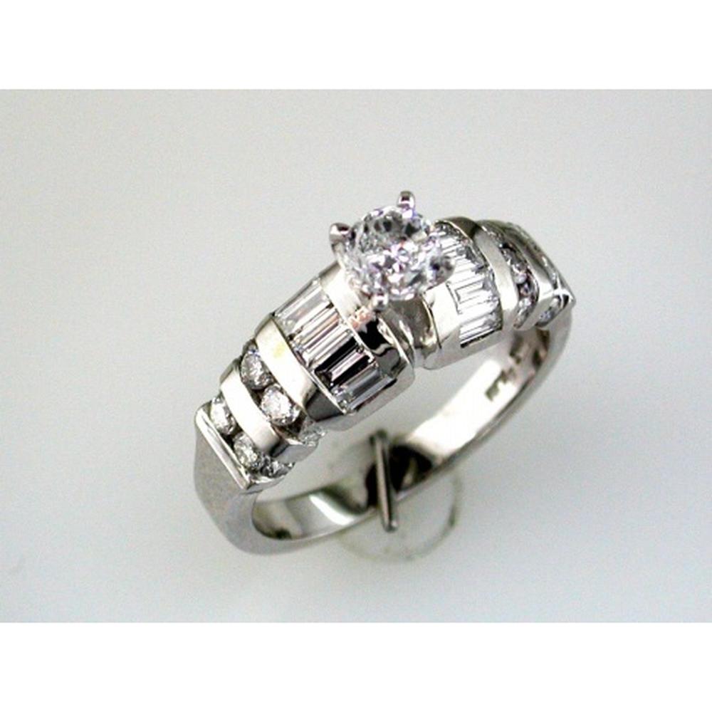 14K White Gold Diamond Engagement Ring with Round and Baguette Diamonds - 1.34 Carats Total Diamond Weight