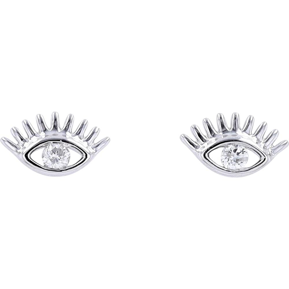 14K White Gold Diamond Eye Stud Earrings - 0.14 Carats Total Diamond Weight