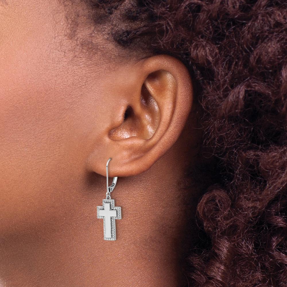 14K White Gold Diamond Fancy Cross Leverback Earrings - 0.003 Carats Total Diamond Weight by Monteluci Fine Jewelry