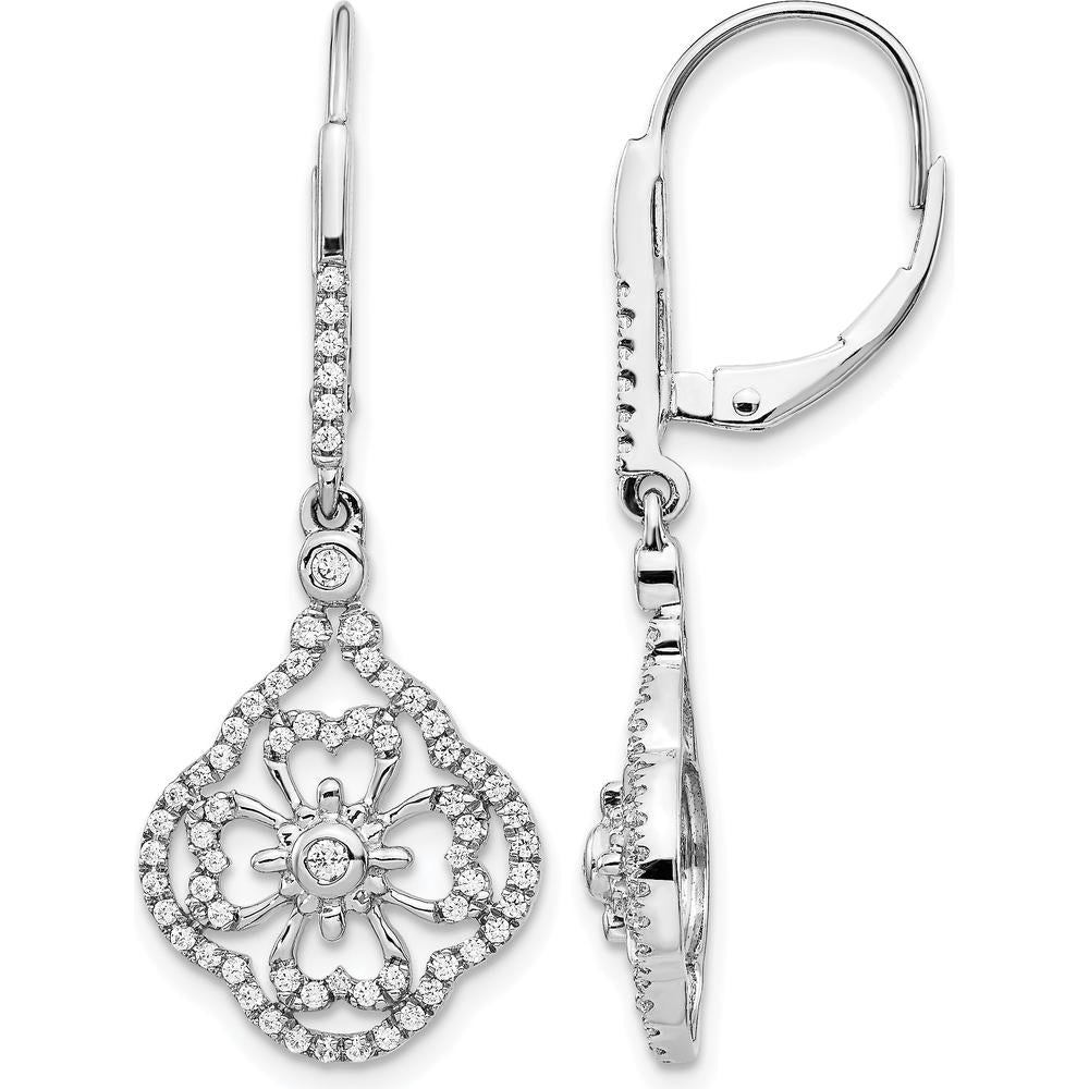 14K White Gold Diamond Fancy Leverback Drop Earrings - 0.073 Carats Total Diamond Weight by Monteluci Fine Jewelry