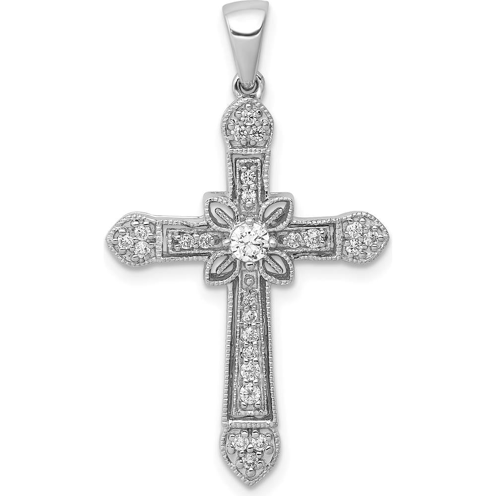 14K White Gold Diamond Filigree Cross Pendant with 0.13 Carat Total Diamond Weight by Monteluci Fine Jewelry