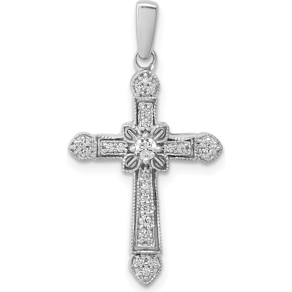 14K White Gold Diamond Filigree Cross Pendant with Round Brilliant Diamonds - 0.05 Carat Total Diamond Weight by Monteluci Fine Jewelry