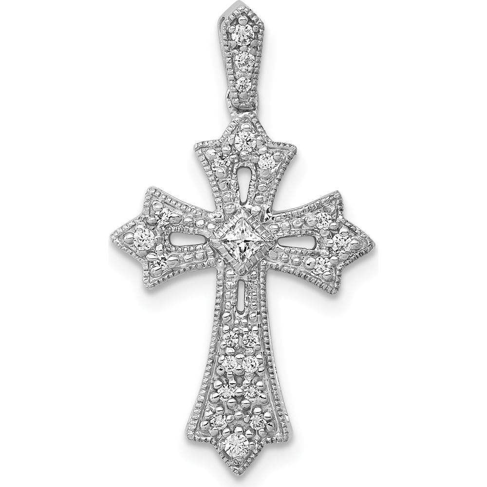 14K White Gold Diamond Fleur de Lis Cross Pendant - 1/6 Carat Total Diamond Weight by Monteluci Fine Jewelry