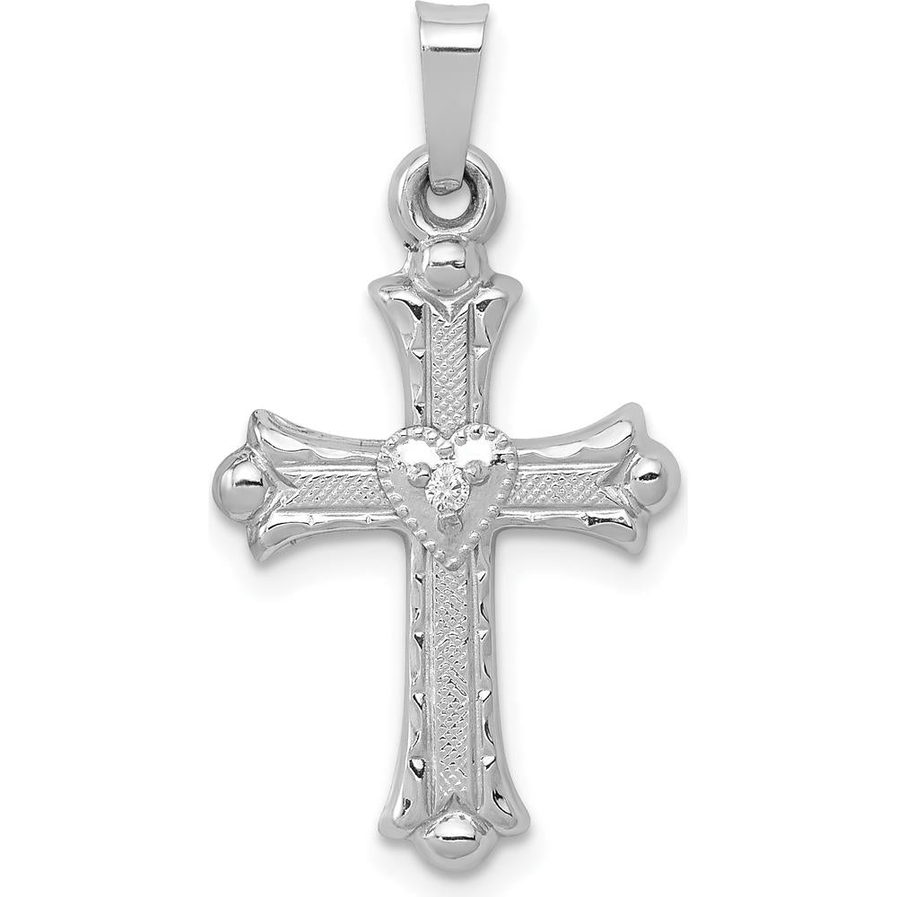 14K White Gold Diamond Fleur De Lis Cross Pendant with Heart-Shaped Diamond - 0.010 Carat Total Diamond Weight by Oro Pregiato
