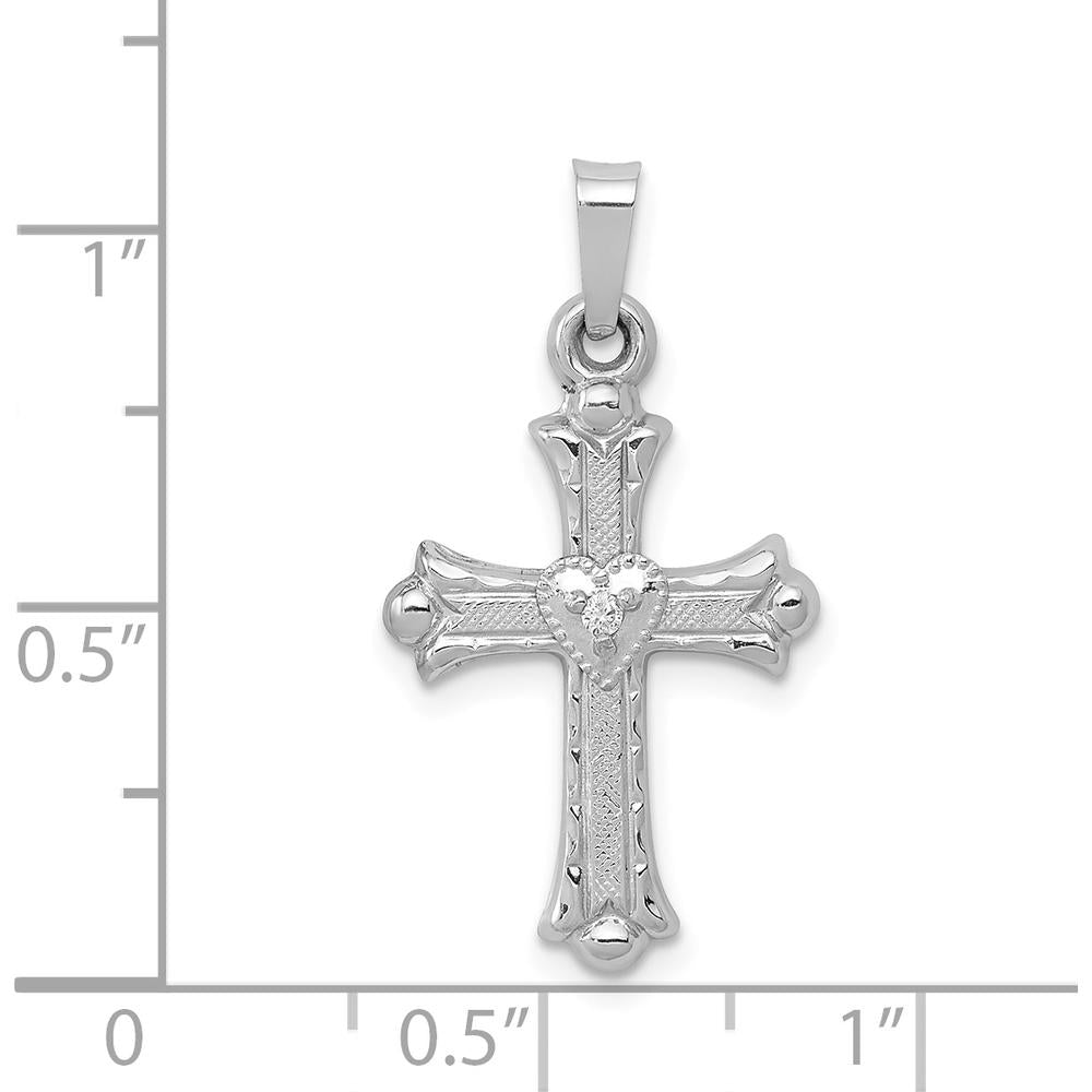 14K White Gold Diamond Fleur De Lis Cross Pendant with Heart-Shaped Diamond - 0.010 Carat Total Diamond Weight by Oro Pregiato