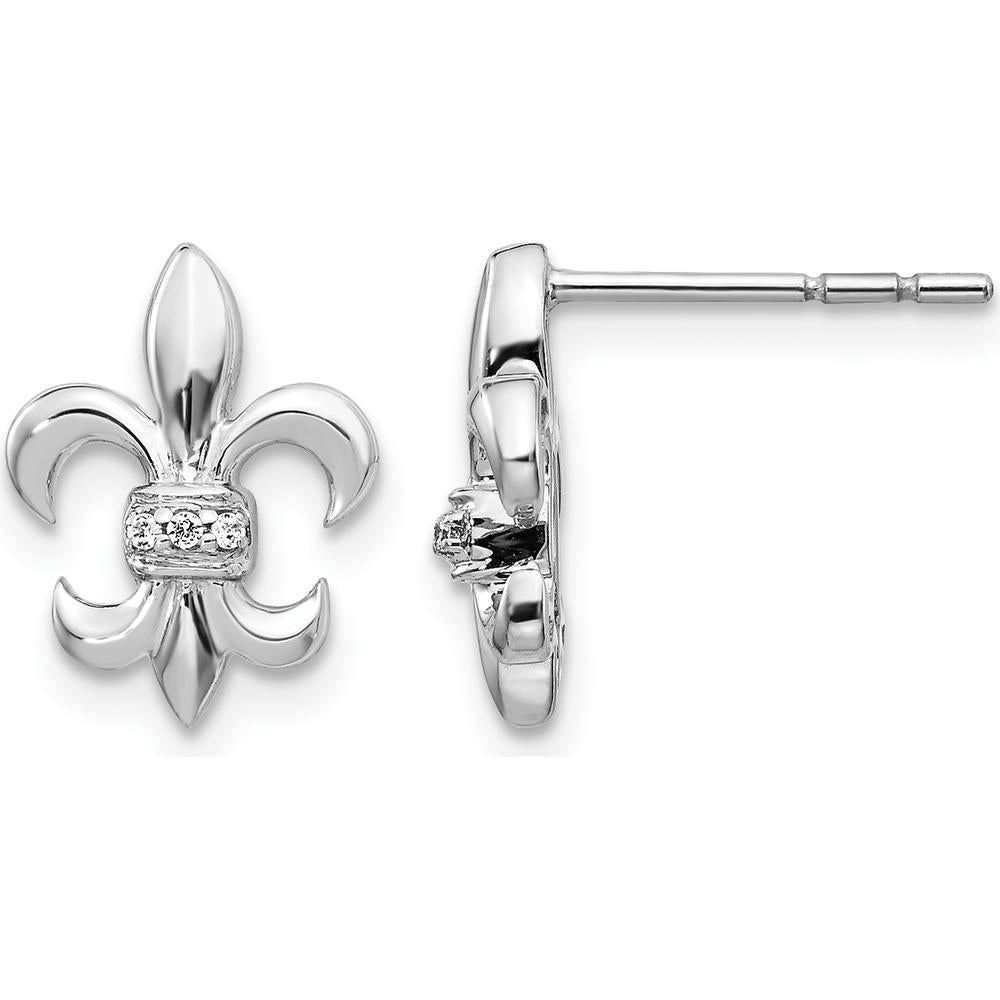 14K White Gold Diamond Fleur de Lis Post Earrings - 0.004 Carats Total Diamond Weight by Monteluci Fine Jewelry