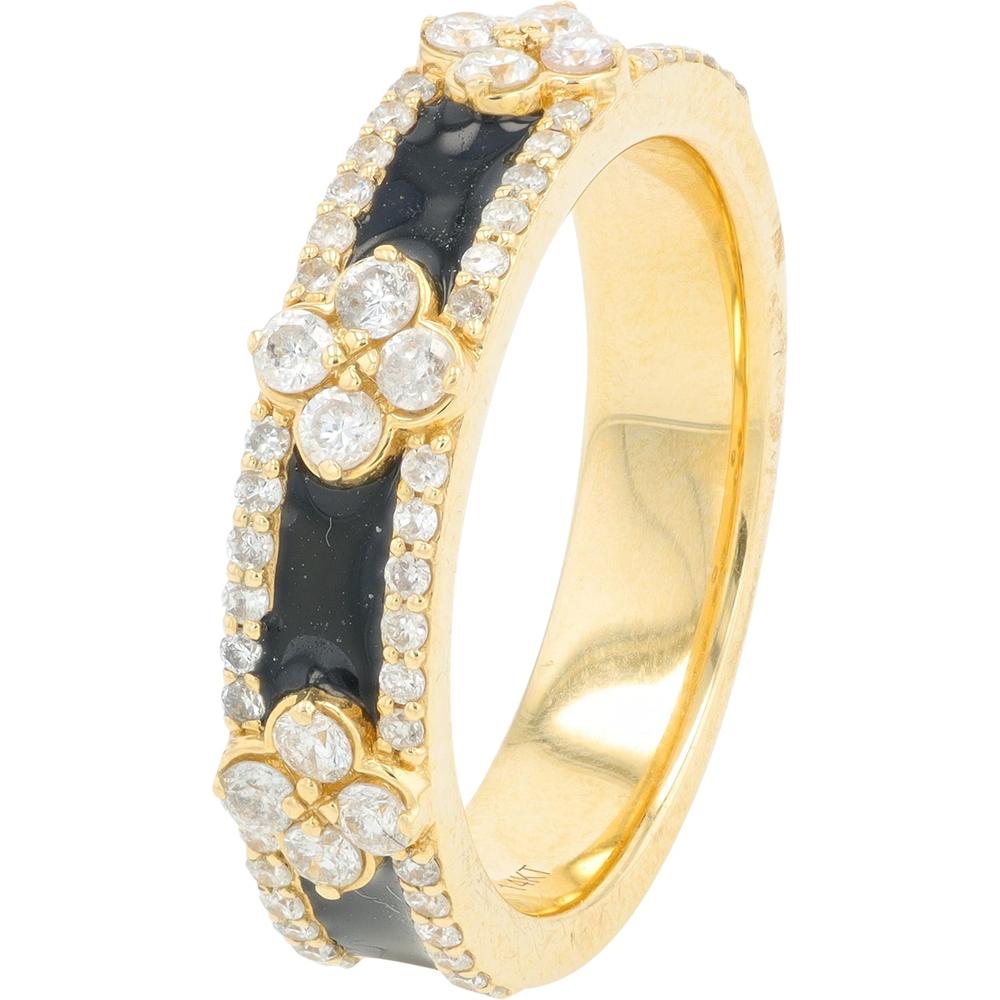 14K White Gold Diamond Floral Enamel Band with Black Enamel Accent - 0.60 Carat Total Diamond Weight