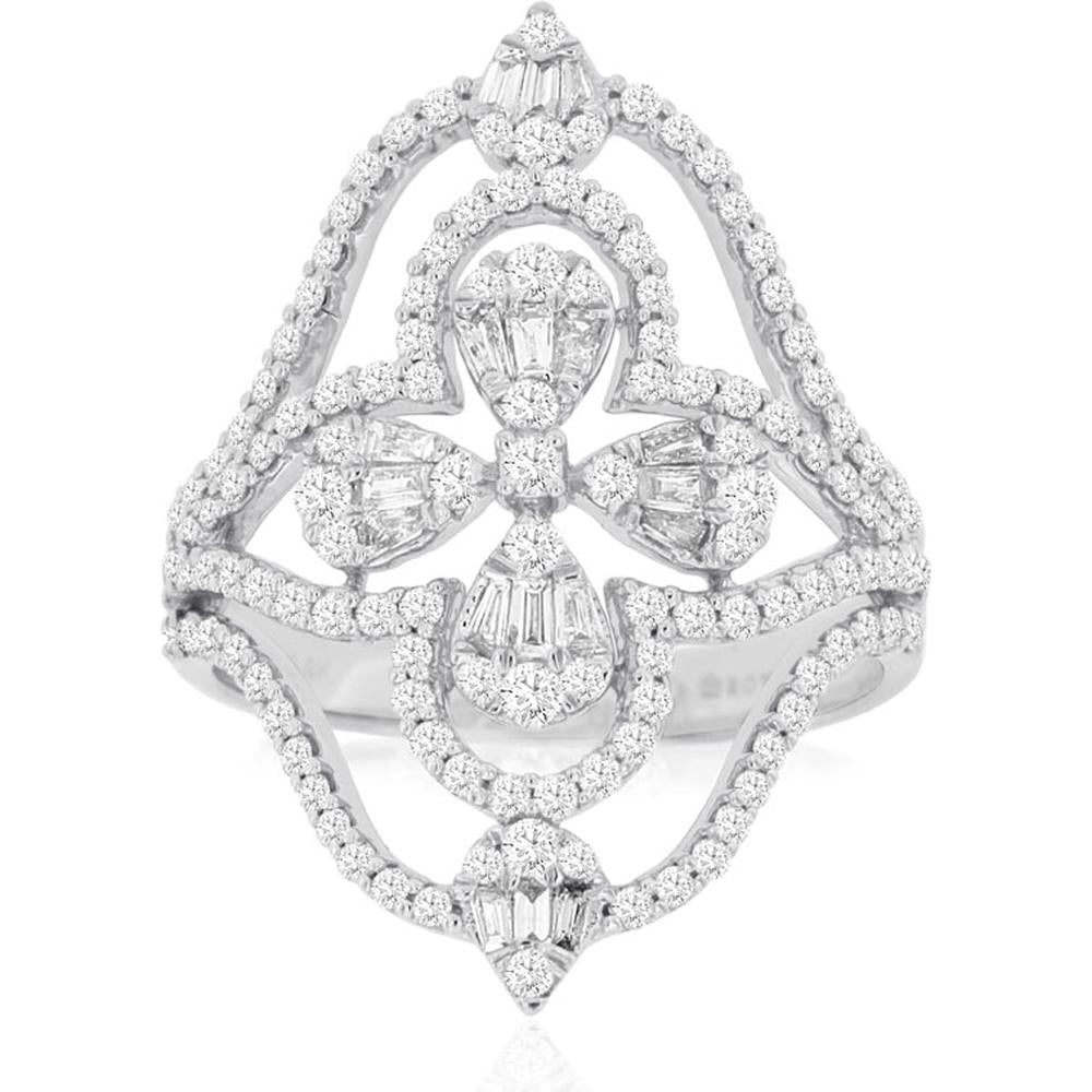 14K White Gold Diamond Floral Motif Ring with Baguette and Pear-Shaped Diamonds - 1.04 Carats Total Diamond Weight