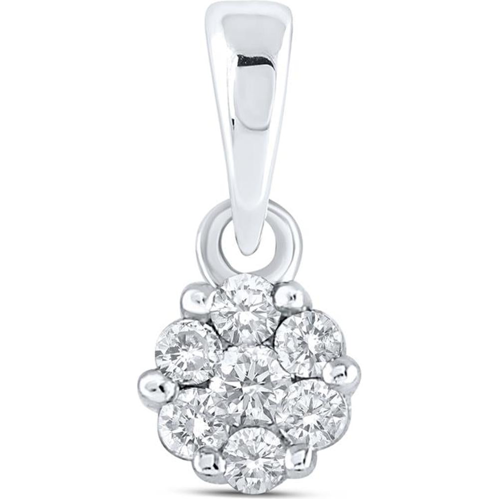 14K White Gold Diamond Flower Cluster Pendant Necklace - 0.10 Carat Total Diamond Weight