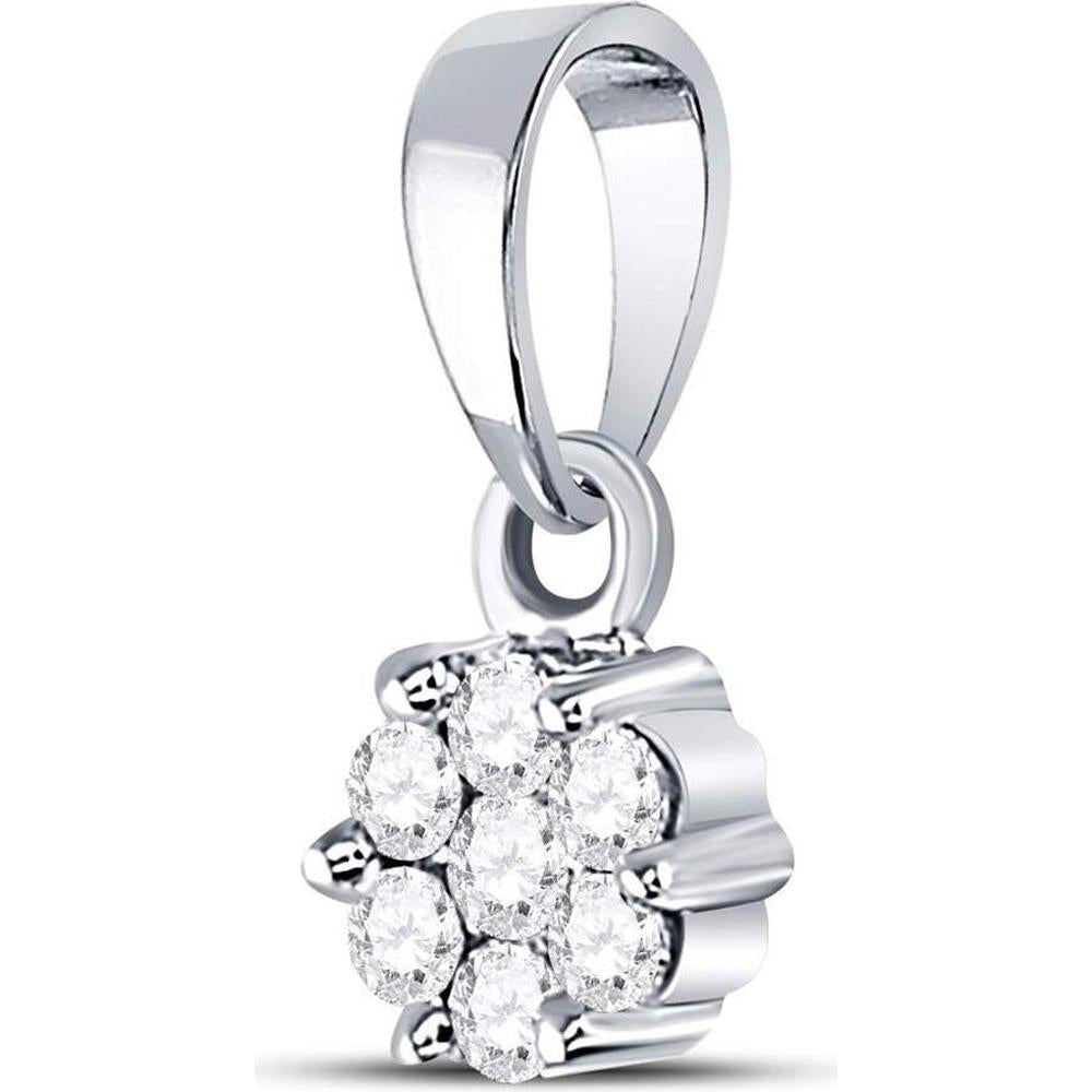 14K White Gold Diamond Flower Cluster Pendant Necklace - 0.10 Carat Total Diamond Weight