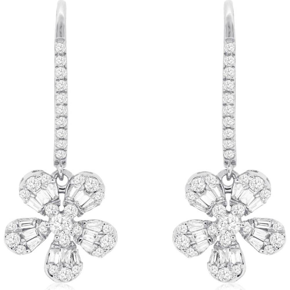 14K White Gold Diamond Flower Drop Earrings with Round and Baguette Diamonds - 0.72 Carats Total Diamond Weight
