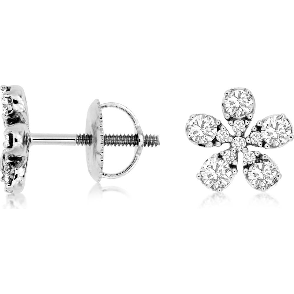 14K White Gold Diamond Flower Earrings with Round Brilliant Diamonds - 1.00 Carats Total Diamond Weight