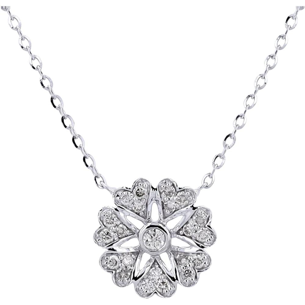 14K White Gold Diamond Flower Necklace - 0.14 Carat Total Diamond Weight