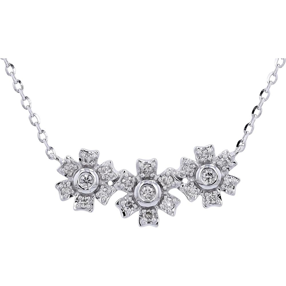 14K White Gold Diamond Flower Necklace with Adjustable Chain - 0.14 Carat Total Diamond Weight