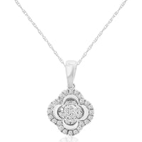 14K White Gold Diamond Flower Pendant Necklace - 0.10 Carats Total Diamond Weight