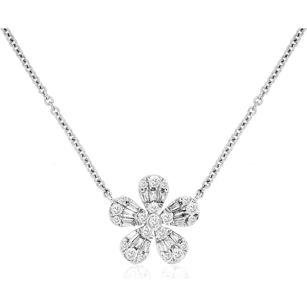 14K White Gold Diamond Flower Pendant Necklace - 0.28 Carats Total Diamond Weight