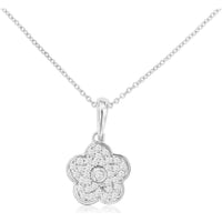 14K White Gold Diamond Flower Pendant Necklace with Round Cut Center Diamond and Pavé Set Petals - 0.14 Carat Total Diamond Weight - Royal Jewelry