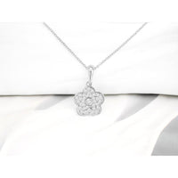 14K White Gold Diamond Flower Pendant Necklace with Round Cut Center Diamond and Pavé Set Petals - 0.14 Carat Total Diamond Weight - Royal Jewelry