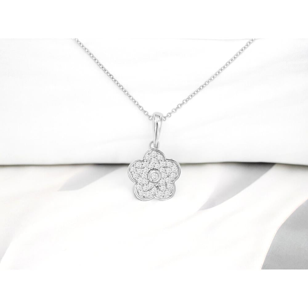 14K White Gold Diamond Flower Pendant Necklace with Round Cut Center Diamond and Pavé Set Petals - 0.14 Carat Total Diamond Weight - Royal Jewelry