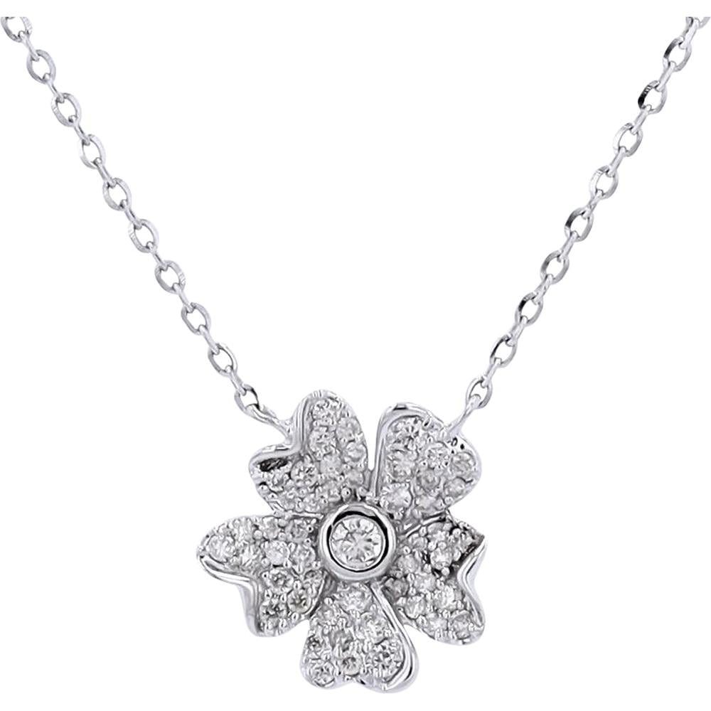 14K White Gold Diamond Flower Pendant with Bezel-Set Center and Pavé Petal Diamonds - 1/5 Carat Total Weight