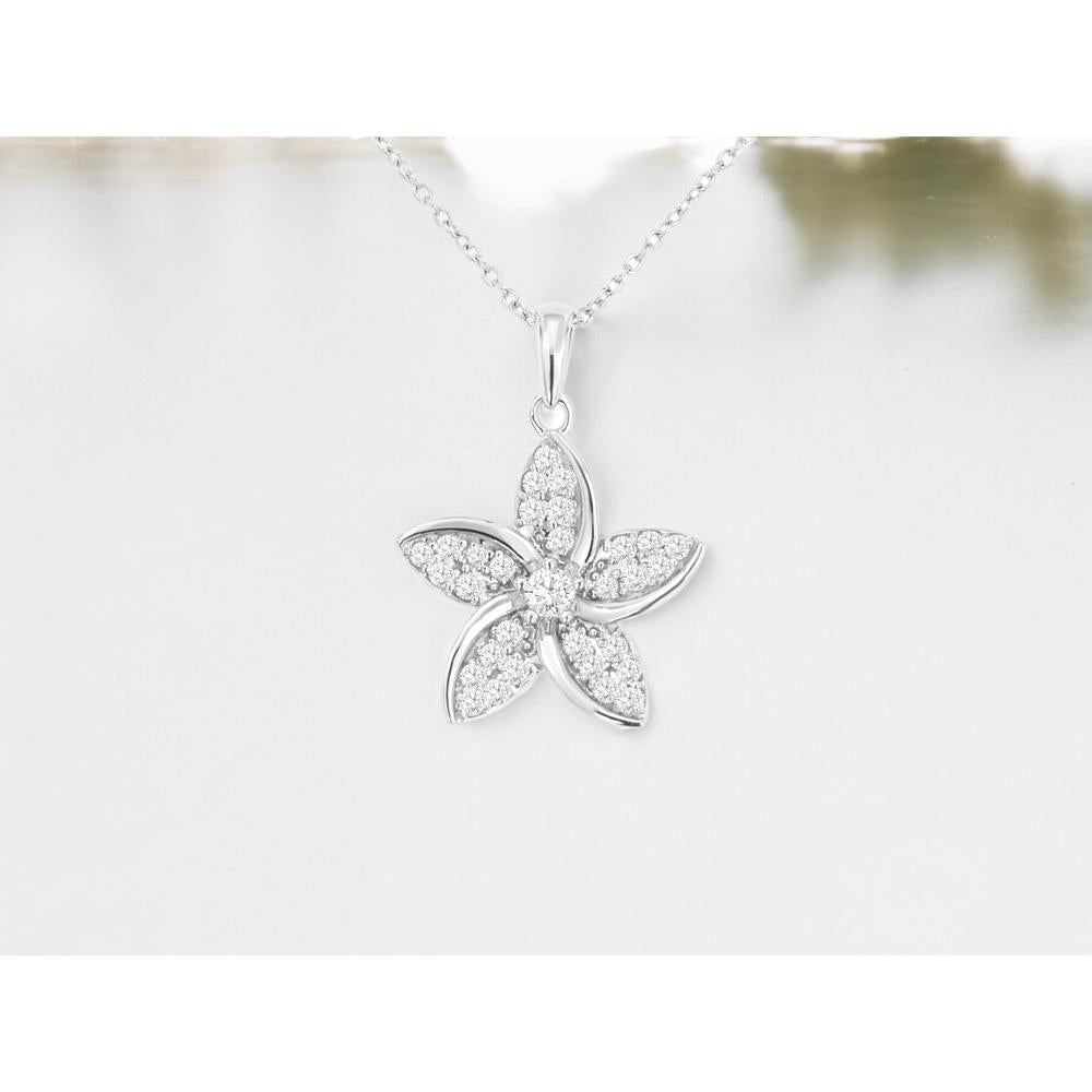 14K White Gold Diamond Flower Pendant with Pave Set Round Diamonds - 0.26 Carat Total Diamond Weight - Royal Jewelry