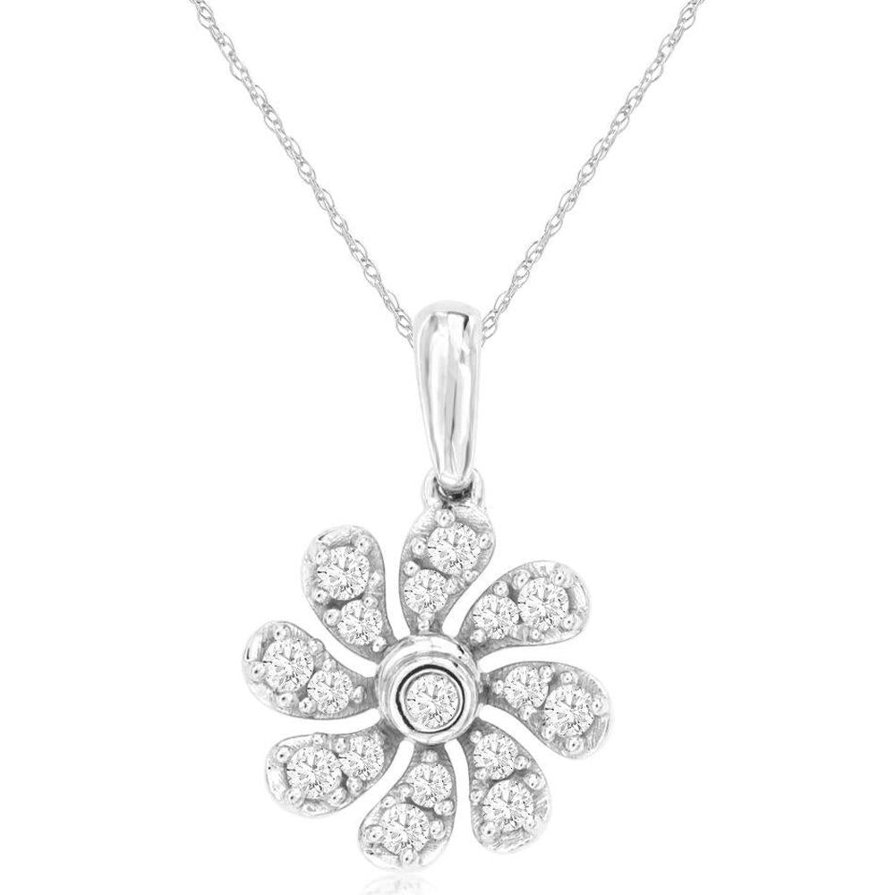 14K White Gold Diamond Flower Pendant with Round Brilliant Diamonds - 0.28 Carats Total Diamond Weight
