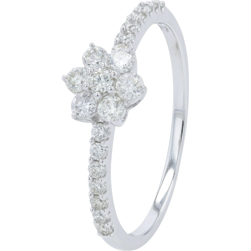 14K White Gold Diamond Flower Ring with Pavé Set Band - 0.41 Carat Total Diamond Weight