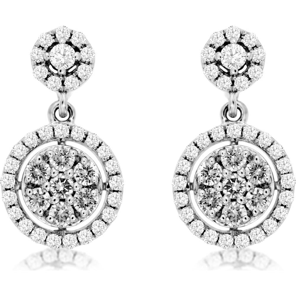 14K White Gold Diamond Halo Drop Earrings with 1.1 Carats Total Diamond Weight