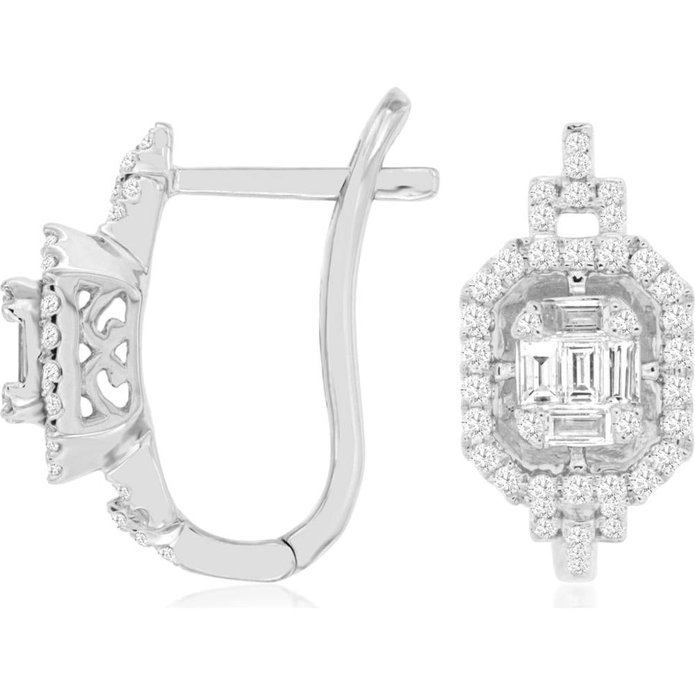 14K White Gold Diamond Halo Earrings with Baguette and Round Diamonds - 0.66 Carats Total Diamond Weight