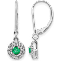 14K White Gold Diamond Halo Emerald Leverback Dangle Earrings - 0.25 Carat Total Emerald Weight by Monteluci Fine Jewelry