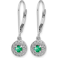 14K White Gold Diamond Halo Emerald Leverback Dangle Earrings - 0.25 Carat Total Emerald Weight by Monteluci Fine Jewelry