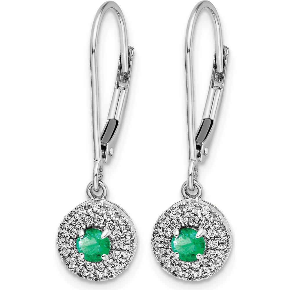 14K White Gold Diamond Halo Emerald Leverback Dangle Earrings - 0.25 Carat Total Emerald Weight by Monteluci Fine Jewelry
