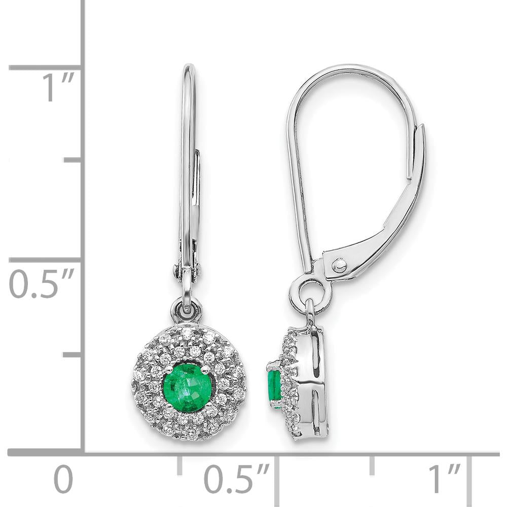 14K White Gold Diamond Halo Emerald Leverback Dangle Earrings - 0.25 Carat Total Emerald Weight by Monteluci Fine Jewelry