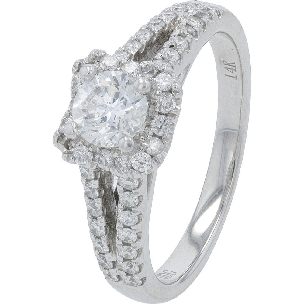 14K White Gold Diamond Halo Engagement Ring with 1 Carat Total Diamond Weight - 0.50 Carat Center Diamond