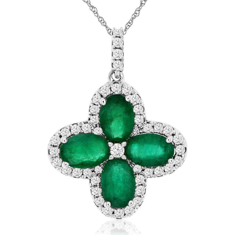 14K White Gold Diamond Halo Four Leaf Clover Pendant with 1.80 Carat Oval Cut Emeralds and 0.40 Carat Round Diamonds - Royal Jewelry